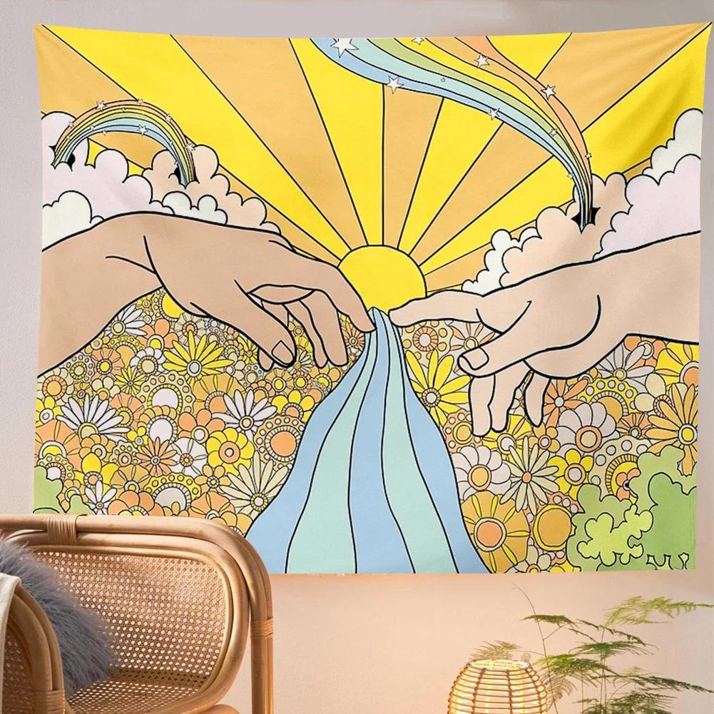 1 Vintage Boho Decor Sun And Moon Tapestry Retro Abstract Boho Wall Hanging Hippie Meditation 70S Rainbow Sunrise Sunset Bedroom