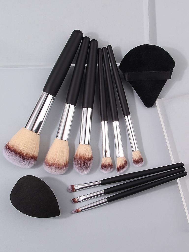 9PCS Black wooden-handled makeup brush set, loose powder, blush, eyeshadow brush, sponge makeup egg + triangular powder puff