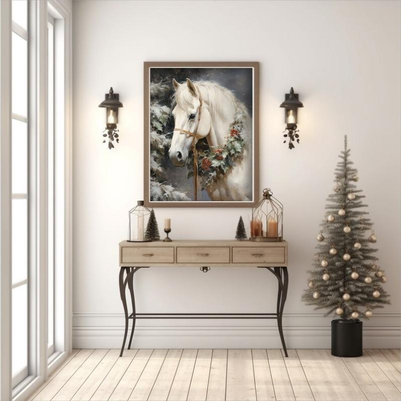 Christmas Holiday Horse Bunny Winter Landscape Church Barn Poster and Prints Painting Wall Pictures for Living Room Home Decor