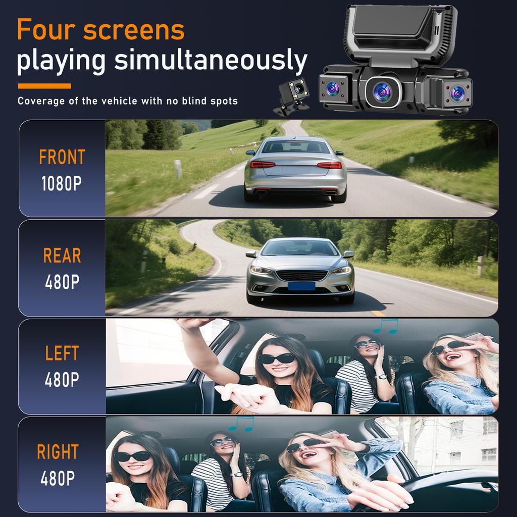 1080P HD dashcam with 360° all-around coverage, featuring four built-in cameras front and rear. Equipped with infrared night vis