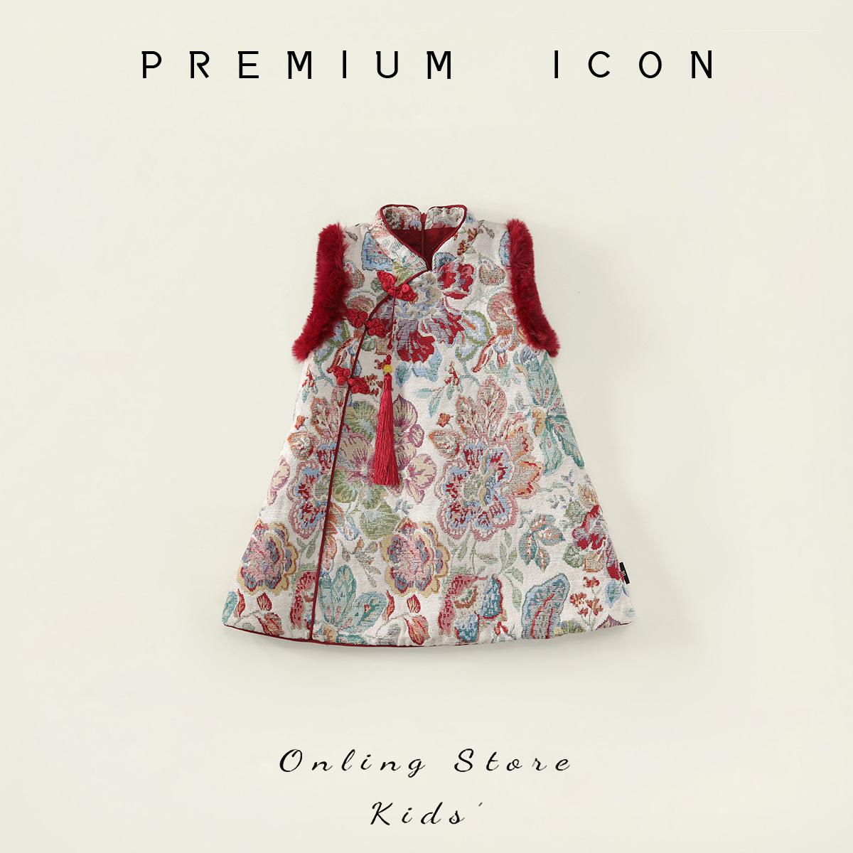 Детский красный наряд на Новый год Зимний Новый Детский Зимний Хлопковый Теплый Вышитый Ципао Платье 90cm