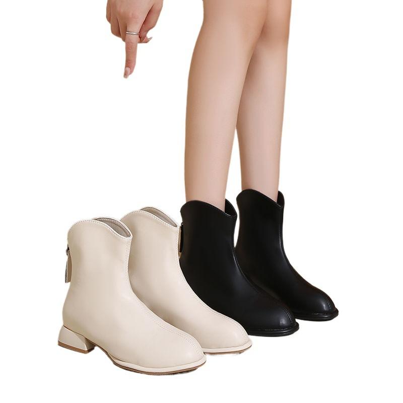 Size 35-44, large size women's shoes soft leather white thick heel short boots women's 41 autumn and winter new low heel elastic thin boots 42