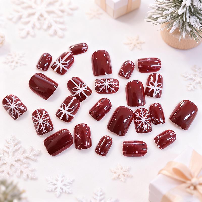Weihnachten Neue Maniküre Tragen Einfach Rot Schneeflocke Schleife Kurz Quadratisch Tragen Rüstung