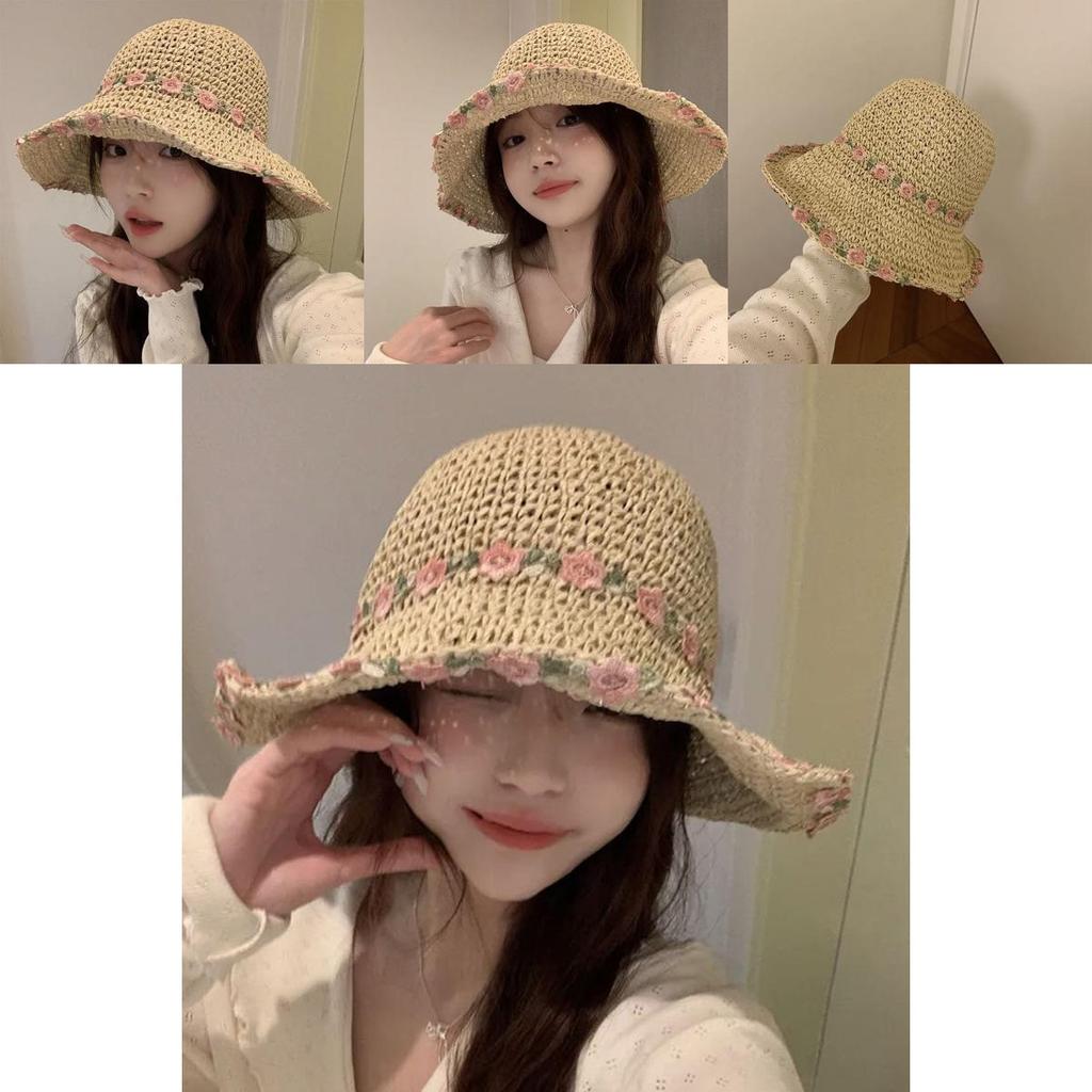 Stylish Ins Flower Foldable Straw Hat For Women Summer Beach Sun Protection
