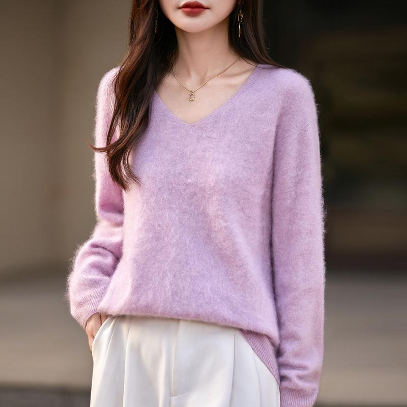 Autumn & Winter 100% Pure Wool V-Neck Loose Women's Knitted Sweater