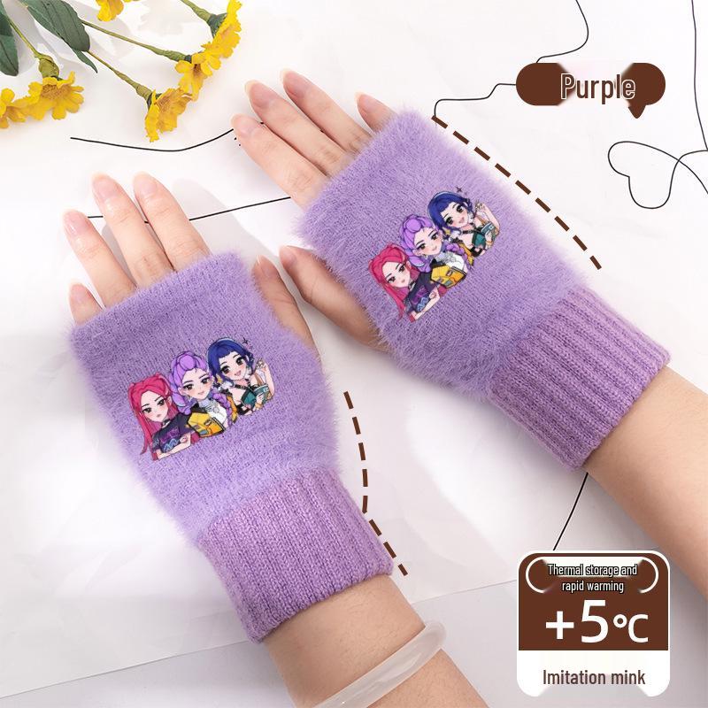 Kpop Women's Fingerless Knitted Gloves - Versatile Warm Plush Autumn/Winter Half-Finger Hand Socks, Solid Color for Students.
