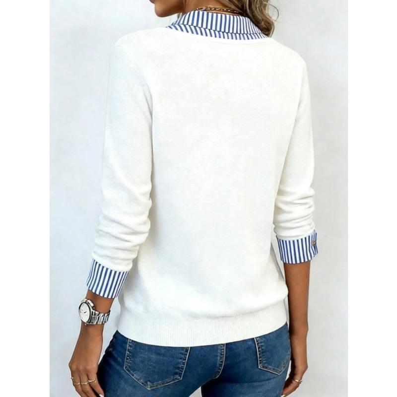 Damen S Langarm V-Ausschnitt Gestreiftes Patchwork T-Shirt Stricktop Freizeitkleidung