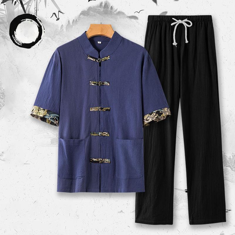 

Men s Summer Thin Short Sleeve Casual Hanfu Set Vintage Style Cotton Blend Comfortable Leisure Wear for Middle-Aged and Elderly S
