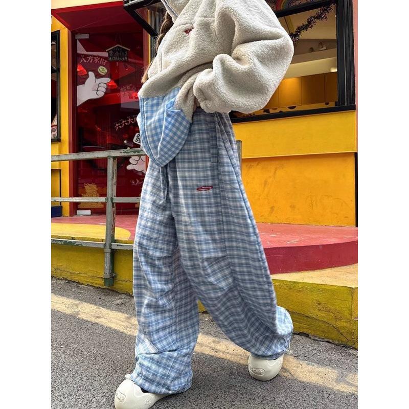 Pantalones de chándal informales de cintura alta estilo Harajuku vintage azul para mujer, estilo Y2K, ideales para primavera y otoño.
