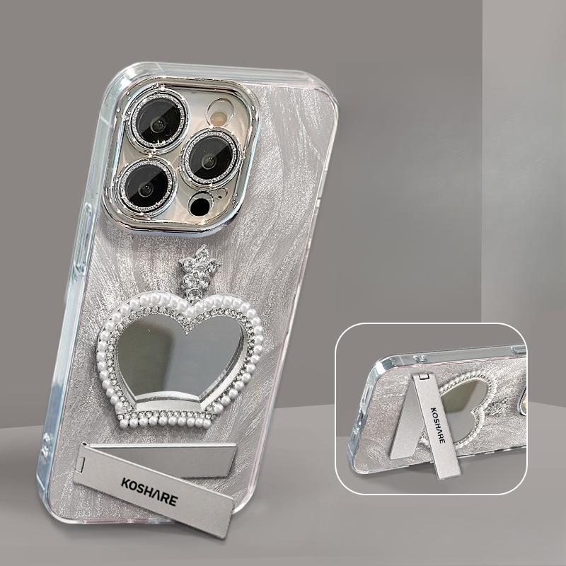 Pearl Crown Mirror Bracelet Applicable To Apple 16PRO Feather Yarn Mobile Case 15 Full-pack Lens Film X Anti-fall