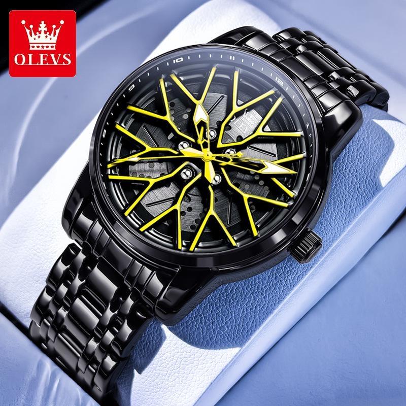 OLEVS Relógio de Pulso Masculino de Quartzo com Mostrador Rotativo 360° Fashion Roda Cubo de Roda Aro Carro Esportivo Aço Inoxidável à Prova d'Água