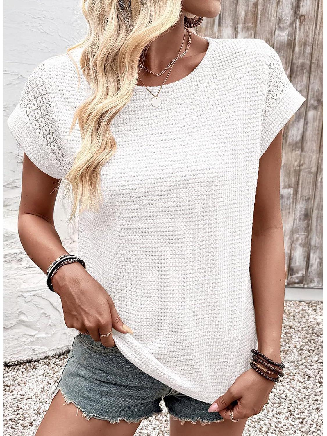 Summer Women s Waffle Knit Lace Hollow Round Neck Short Sleeve T-shirt S белый