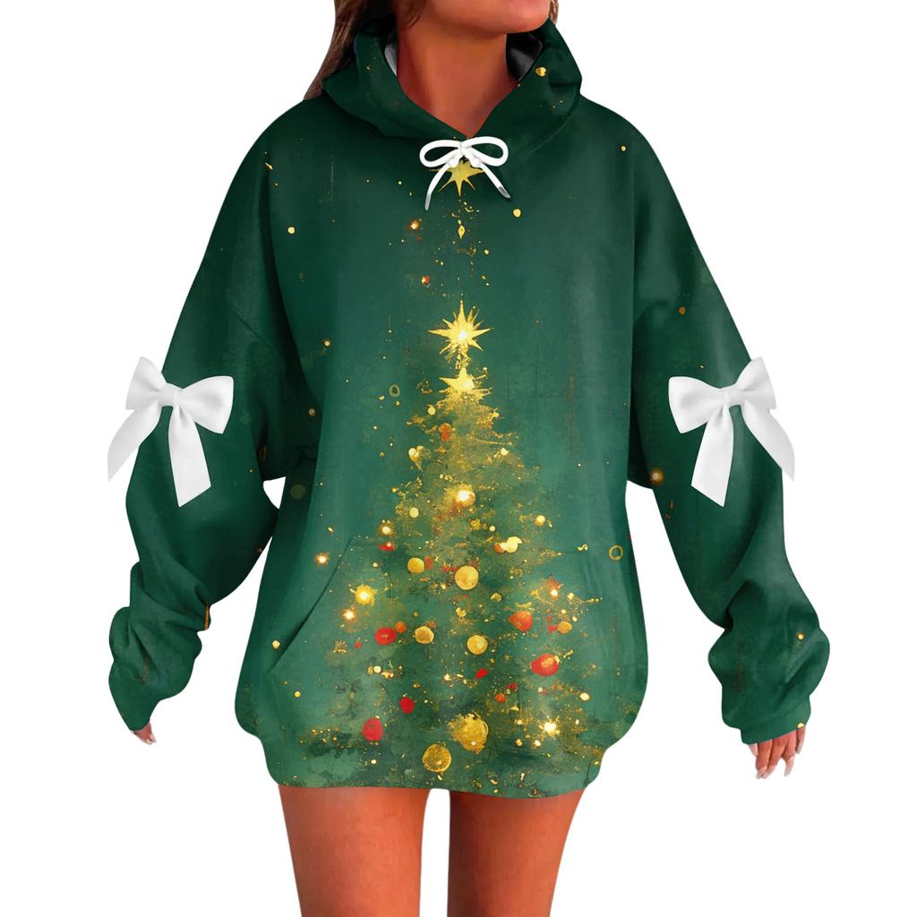 Ladies' Christmas Printed Bow Long Sleeved Loose Fitting Headband With Rope Hooded Sweatshirt Top