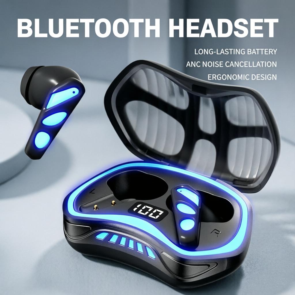 Gaming Bluetooth Earbuds Long Battery LED Light Wireless Sports Headphones Low Latency Noise Cancelling