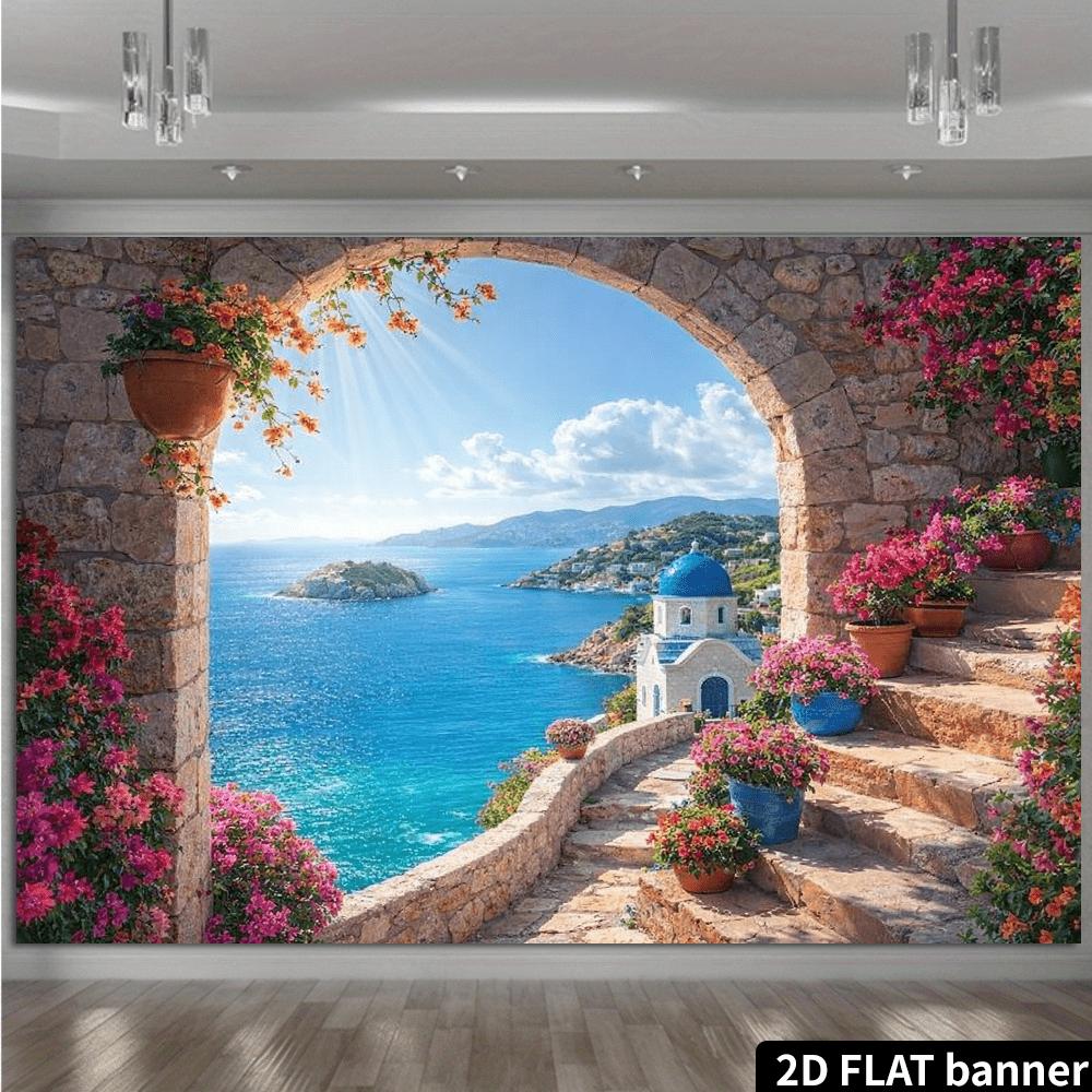 2D planar stone-step blue-roofed church with sea-view background fabric. Santorini style theme featuring winding stone steps.