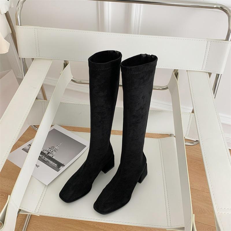 2024 autumn and winter square head thick heel knight boots women's tall rear zipper long boots Korean version ins wind long boots children