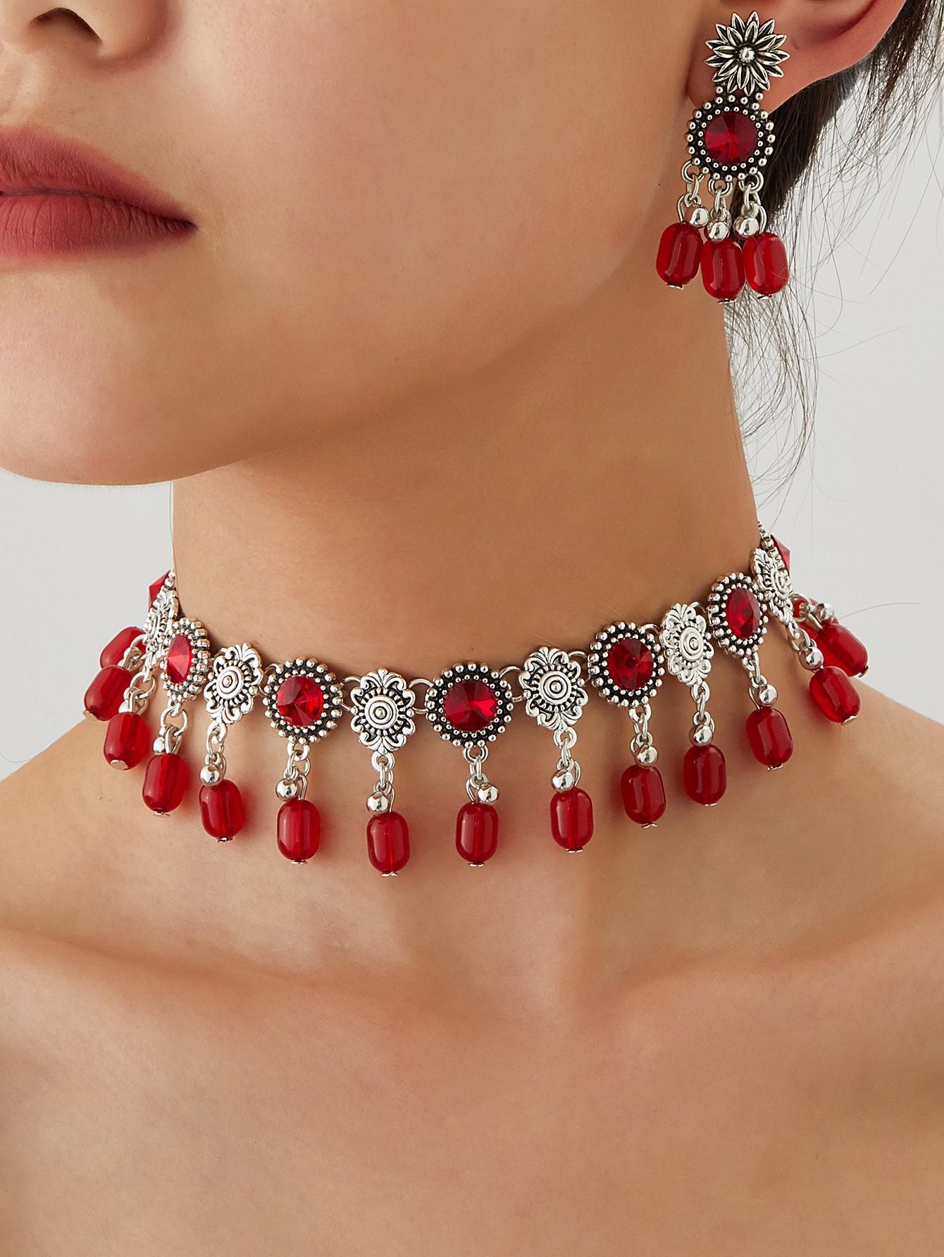 Бохо Шик Ожерелье-чокер с кисточкой из бисера и набор ретро-серег для женщин красный