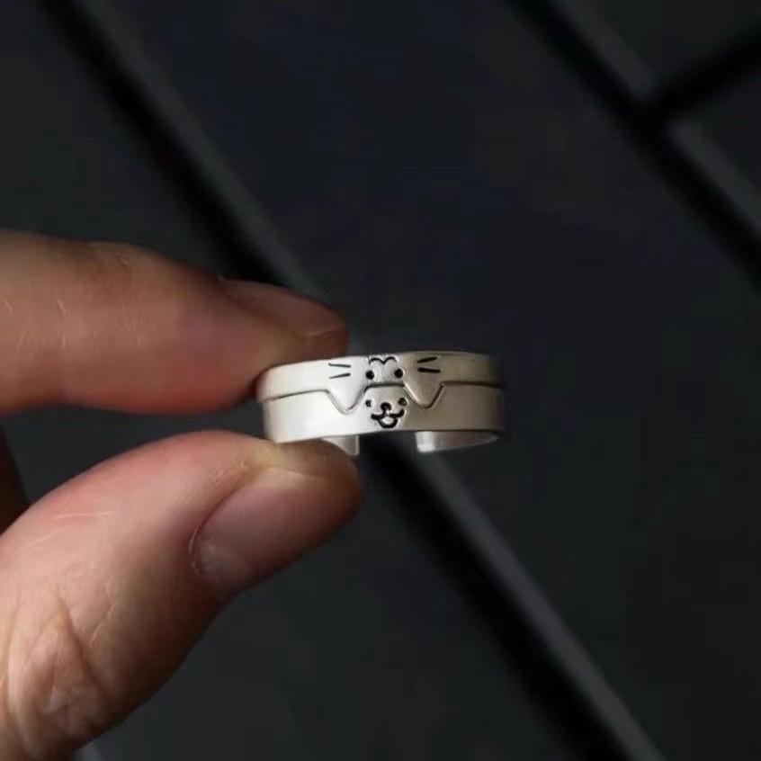 2pcs New Kawaii Cartoon Cat Dog Couple Ring for Women Men Couples Valentine's Day Lover Rings Korean  Jewelry Party Gifts