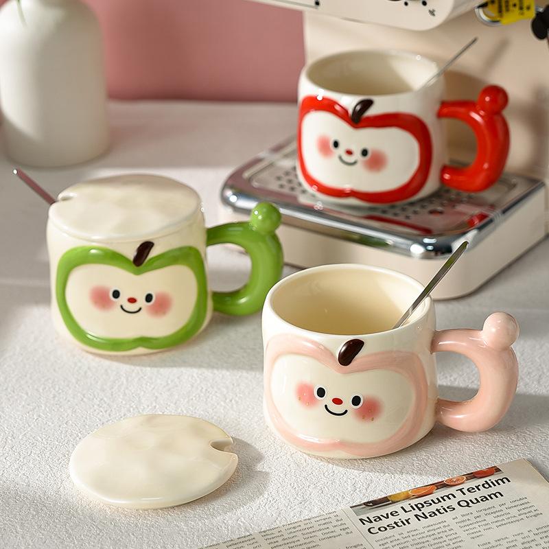 Cute Apple Mug Couple Design Feeling Niche with Lid with Spoon Ceramic Household Lady's High Pretty Drinking Water Cup