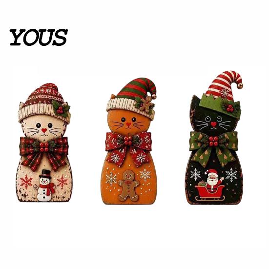 Christmas Cat Ornaments 3Pcs Wooden Tabletop Decor, Rustic 2D Figurines with Xmas Indoor Winter Home Decorations Hat, Santa & Gingerbread Patterns for