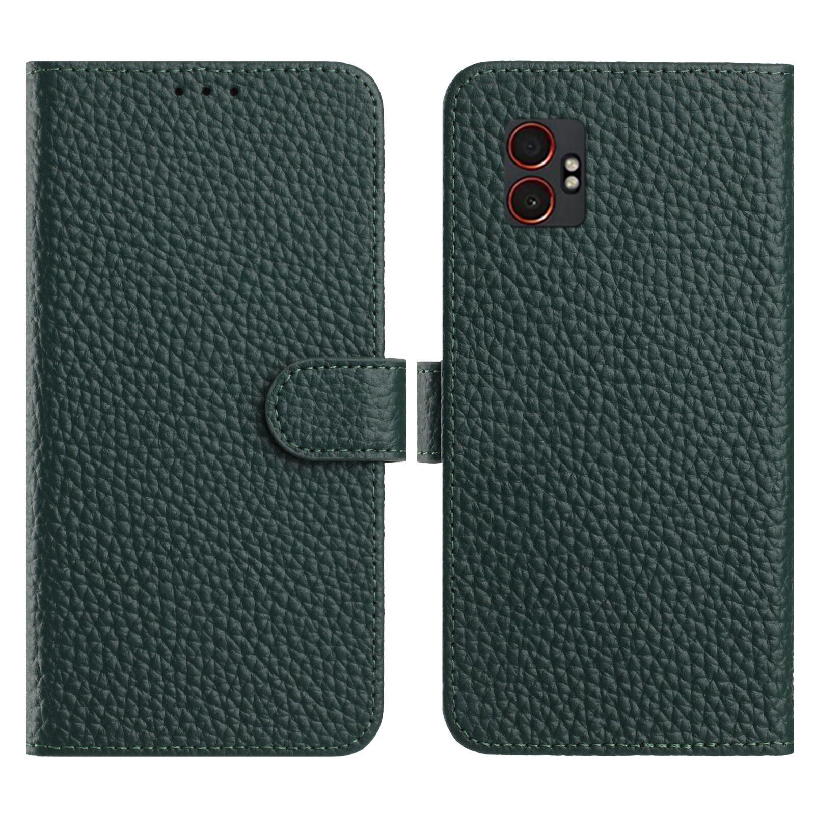 

For Samsung Galaxy XCover7 Pro Case Wallet Stand Litchi Texture Genuine Cow Leather Flip Phone Cover Green