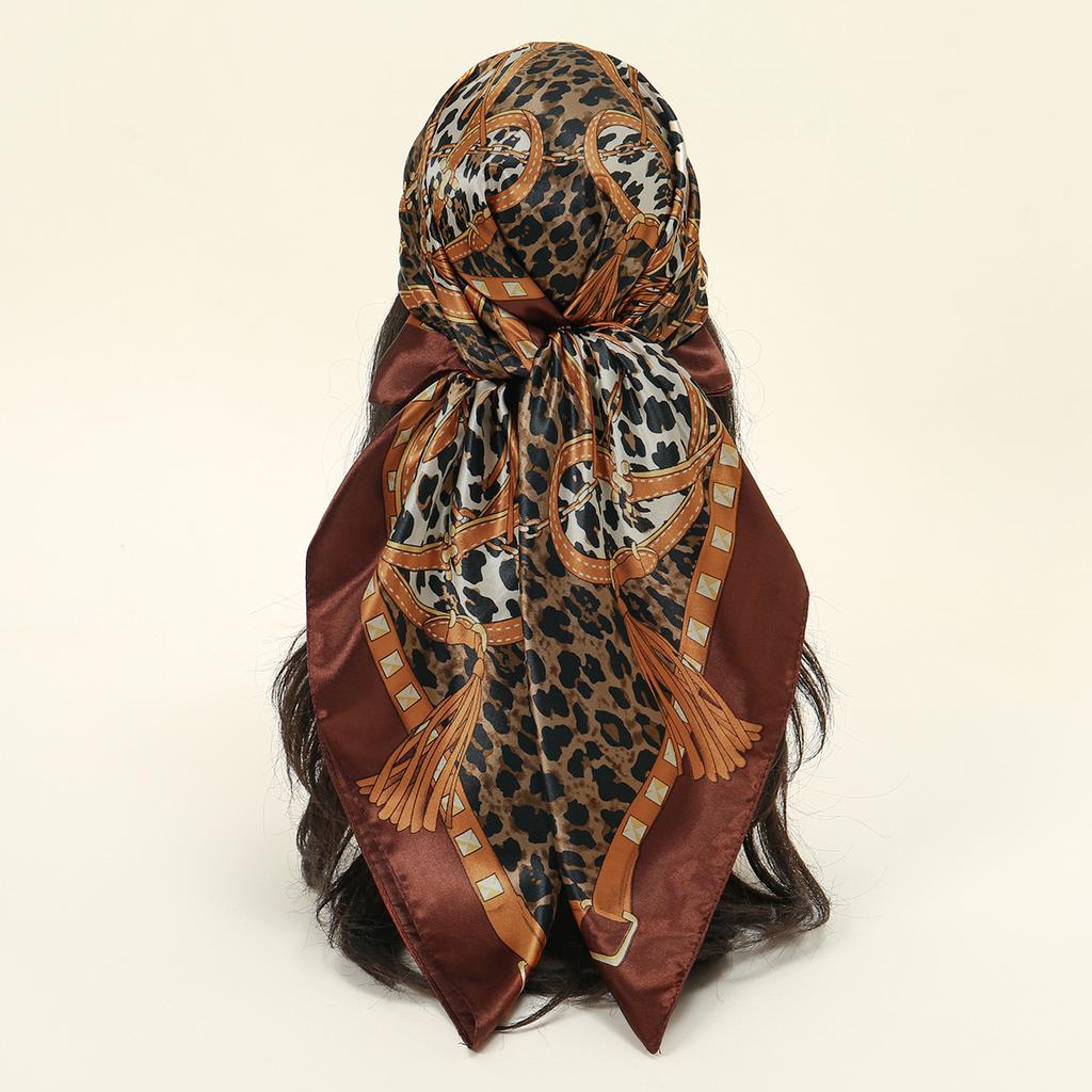90*90cm Satin Silk Square Scarf Woman Fashion Kerchief Neck Head/Hair Scarves Bandana Handkerchief Leopard Print Chain Headscarf