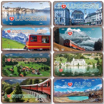 Retro Switzerland Poster License Plates Alps Scenery Geneva  Zurich Metal Tin Sign for Cafe Living Room Home Wall Decor