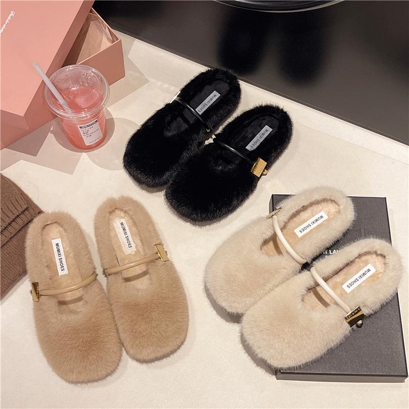 Retro jednoduché chlupaté boty pro ženy 2025 zimní nošení s plochou podrážkou nazouvací čepice pro ženy, sametové univerzální bavlněné pantofle pro ženy