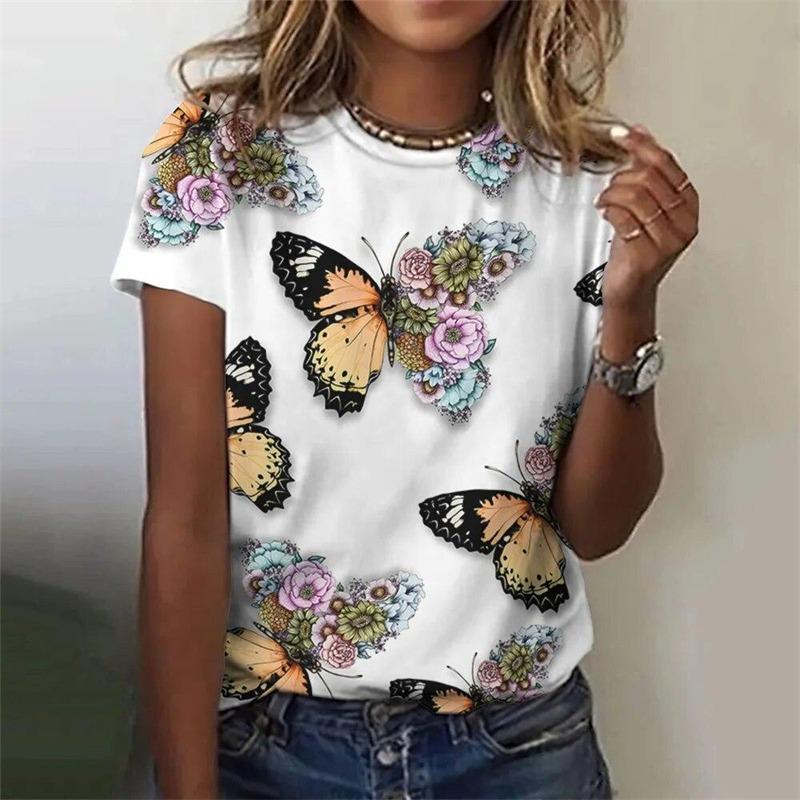 Zomer Casual Vintage Dames T-shirts Dames 3D Print Vlinder Ronde Hals T-shirt Dames Mode Los Kort Gebreide Mouw