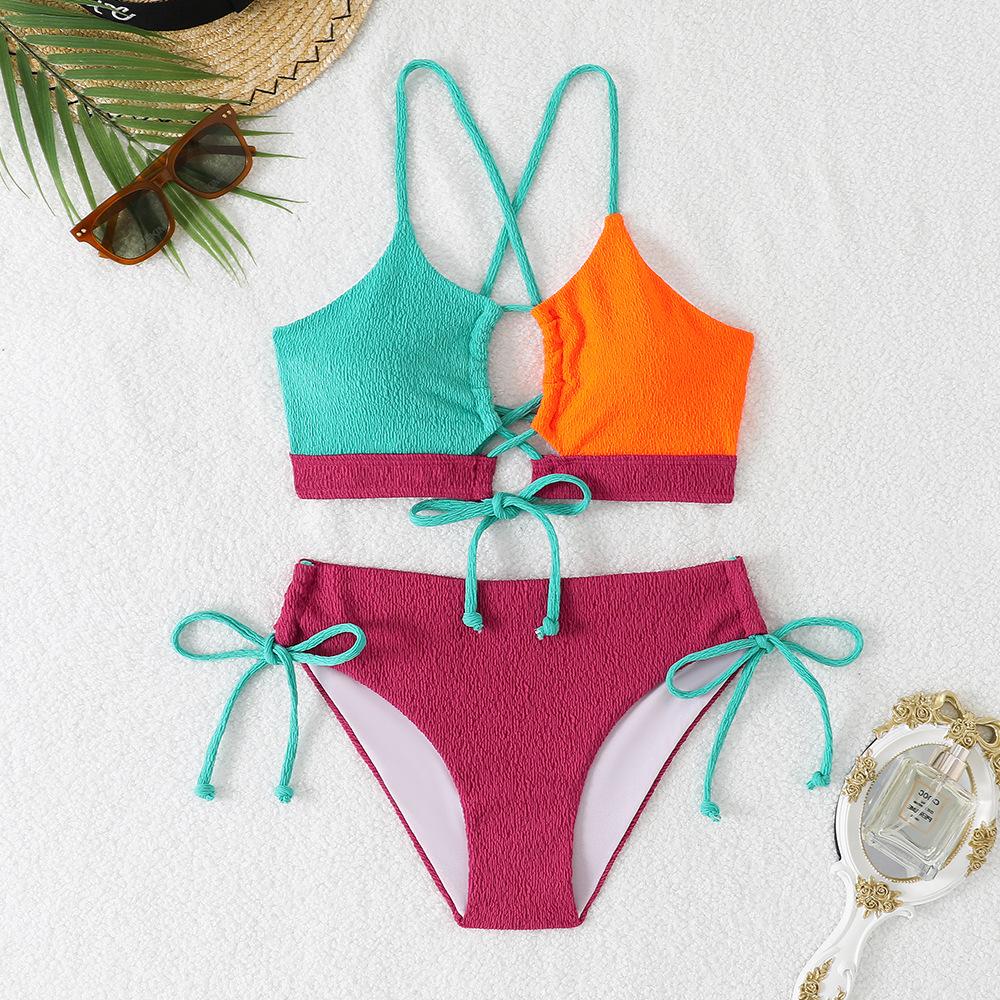 1011 New Bikini European and American Contrasting Colors Sexy Cross Strap Bikini Two-piece Swimsuit