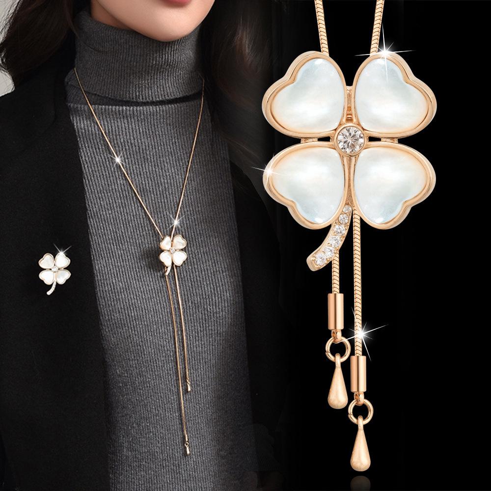 Elegant Four-Leaf Clover Rhinestone Long Necklace for Women