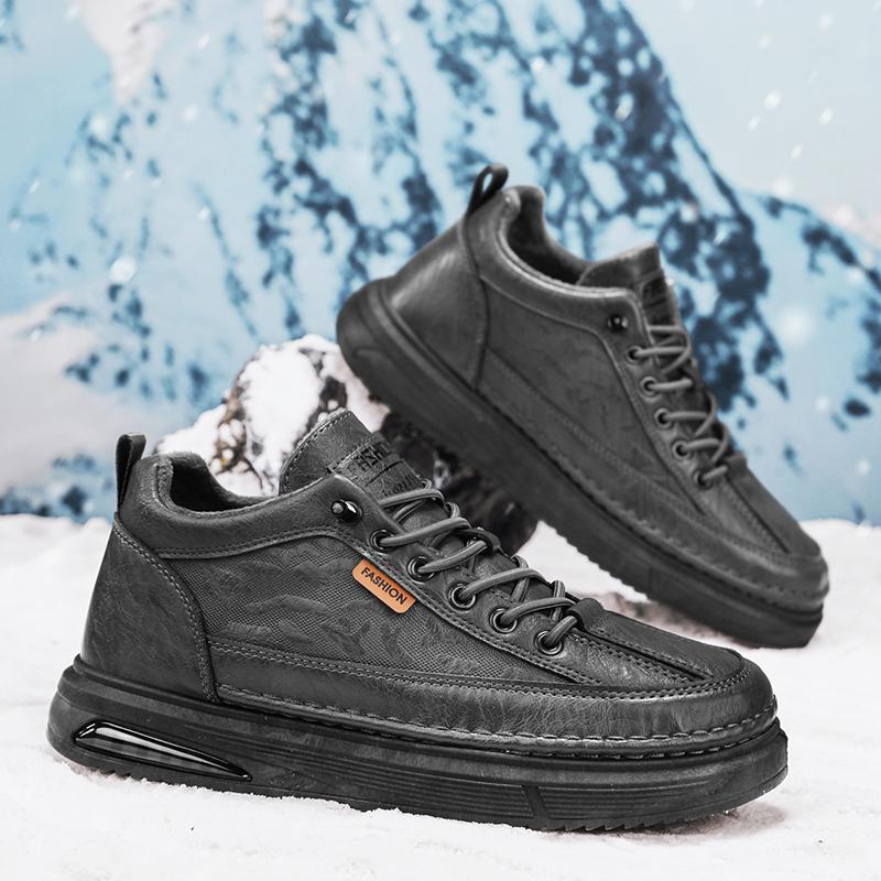 Fashion Men's Flat Shoes Running Sports Shoes with Thick Velvet and Warm Leather Shoes Fashionable and Versatile Casual Hiking Sports