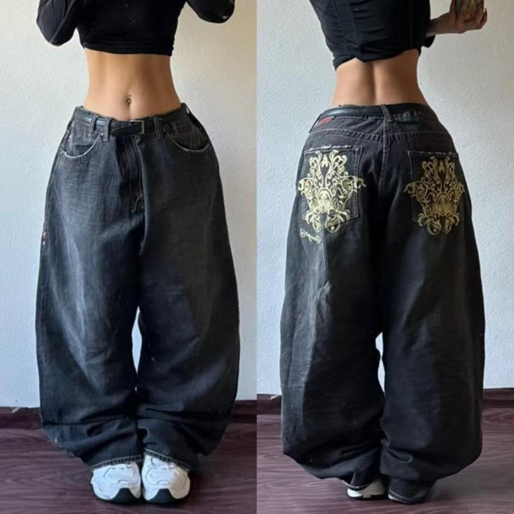 Y2K Trendy Retro Classic Pocket Skull Pattern Straight Denim Trousers American Gothic Washed Wide-leg Denim Loose Pants