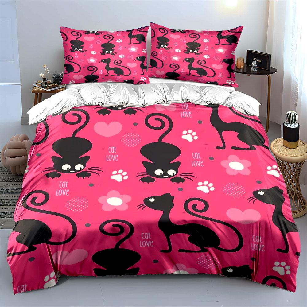 Black Cats and Pink Hearts Bedding Duvet Cover Set Duvet Cover Pillowcases  (1*Duvet Cover 2*Pillowcases, Without Duvet Insert)