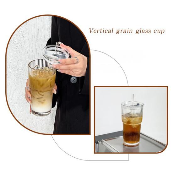 2Pcs Iced Coffee Glass with Lid And Straw, 600ml Capacity Ribbed Tumbler, Reusable Cold Drink Cup for Home Travel, Fits Car Cup Holder