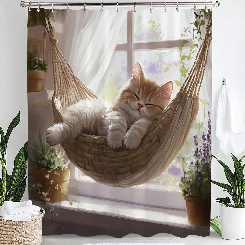 

The Hammock In The Garden Is Lovely Cat Shower Curtain, Bathroom Decorative Shower Curtain, Home Flowers Curtain With Hooks W60H190(CM)-1 Pcs