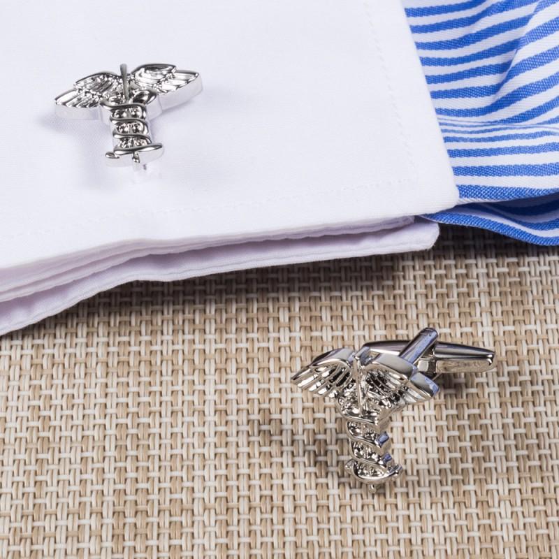 Electroplated Silver Double Snake Staff Reverse Cross Shaped Metal Cufflinks Men's French