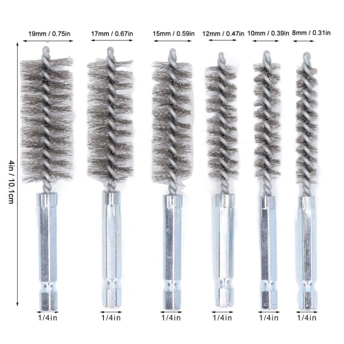 Drill Brush, Hex Shank Screw Cleaning, Polishing, Rust Removal, Bore Brush, Wire Brush, Cleaning Brush, Set of 6 (Steel Wire, Silver)