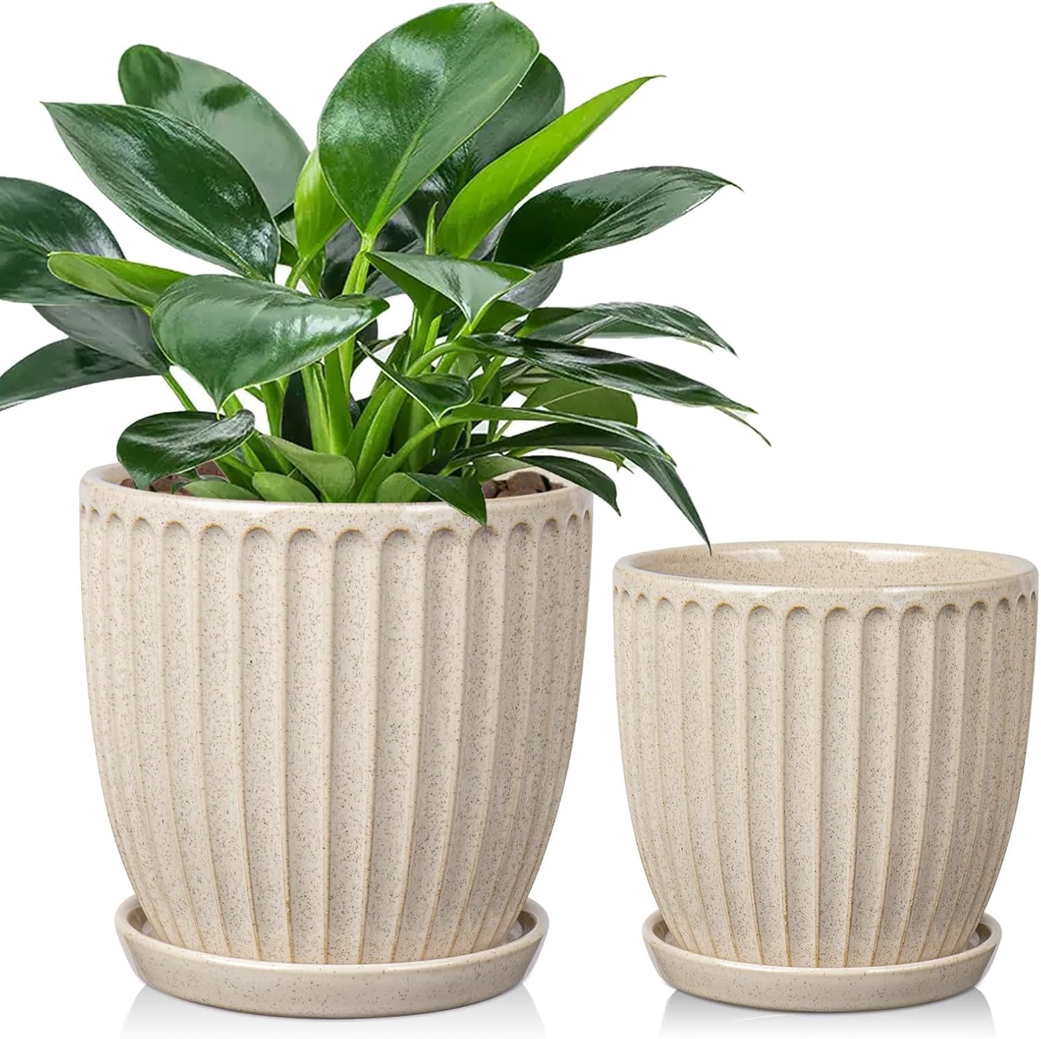 

Villa Como Ceramic Planter, Sizes 4 & 5 (2 pieces), with Saucer and Drainage Hole, Stylish, for Home Decor, Office, and Indoor Use (Beige)