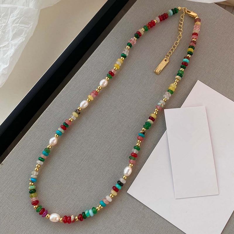 Colorful Stone Bead Freshwater Pearl Necklace Bracelet Set, Boho Beaded Jewelry Set