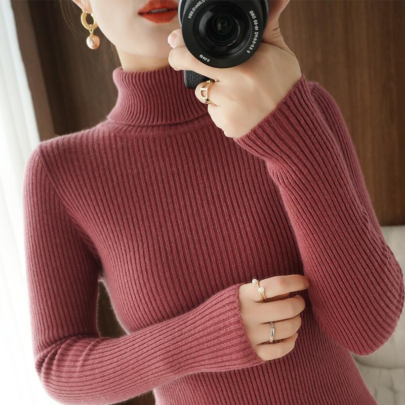 Autumn Winter High Neck Sweater for Women Slim Fit Base Pullover Top Solid Long Sleeve Pit Striped Knit Sweaters
