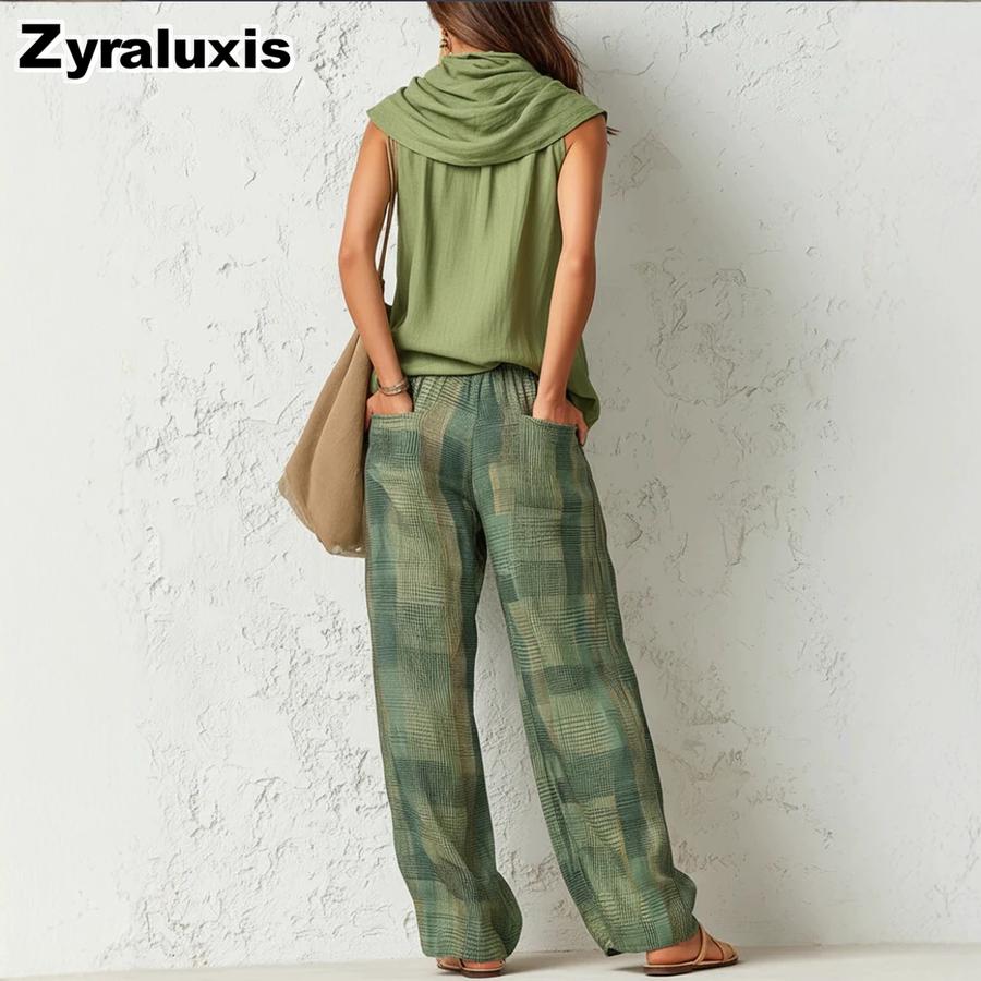 New Retro Casual Fashion Women's Sleeveless Top and Plaid Pants Set
