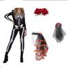 PESENAR Women Day of the Dead Costume Halloween Tie on Bustle Dia De Los Muertos Skeleton Catsuit Skull Veil Mask