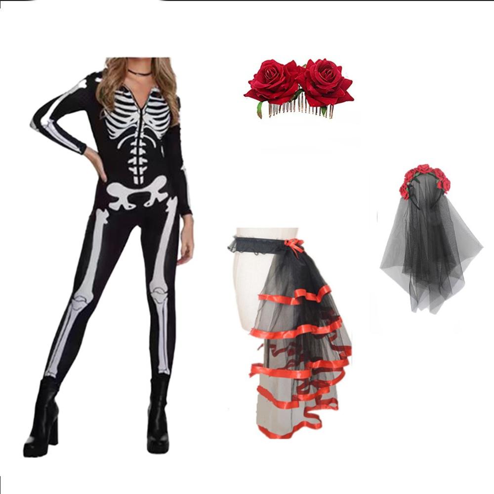 PESENAR Women Day of the Dead Costume Halloween Tie on Bustle Dia De Los Muertos Skeleton Catsuit Skull Veil Mask