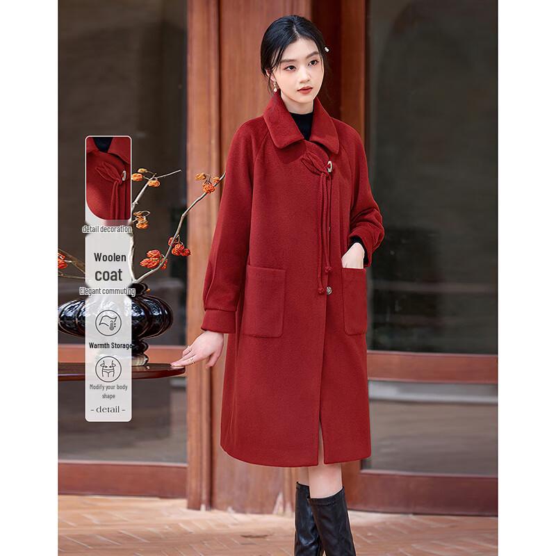 

Sishui Nianhua Women s Red Wool Blend Lapel Coat M