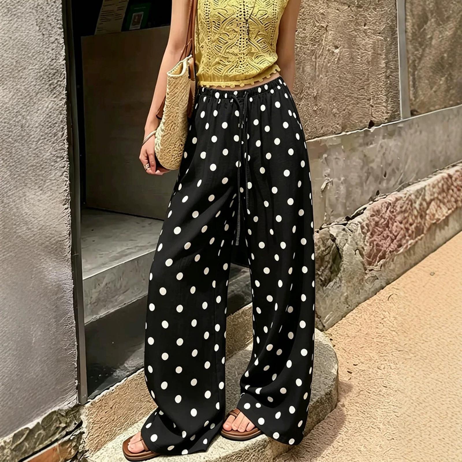 Women s Polka Dot Casual Wide Leg Pants Drawstring Waist Loose Fit Straight Leg Trousers Lightweight Breathable Fabric L чёрный