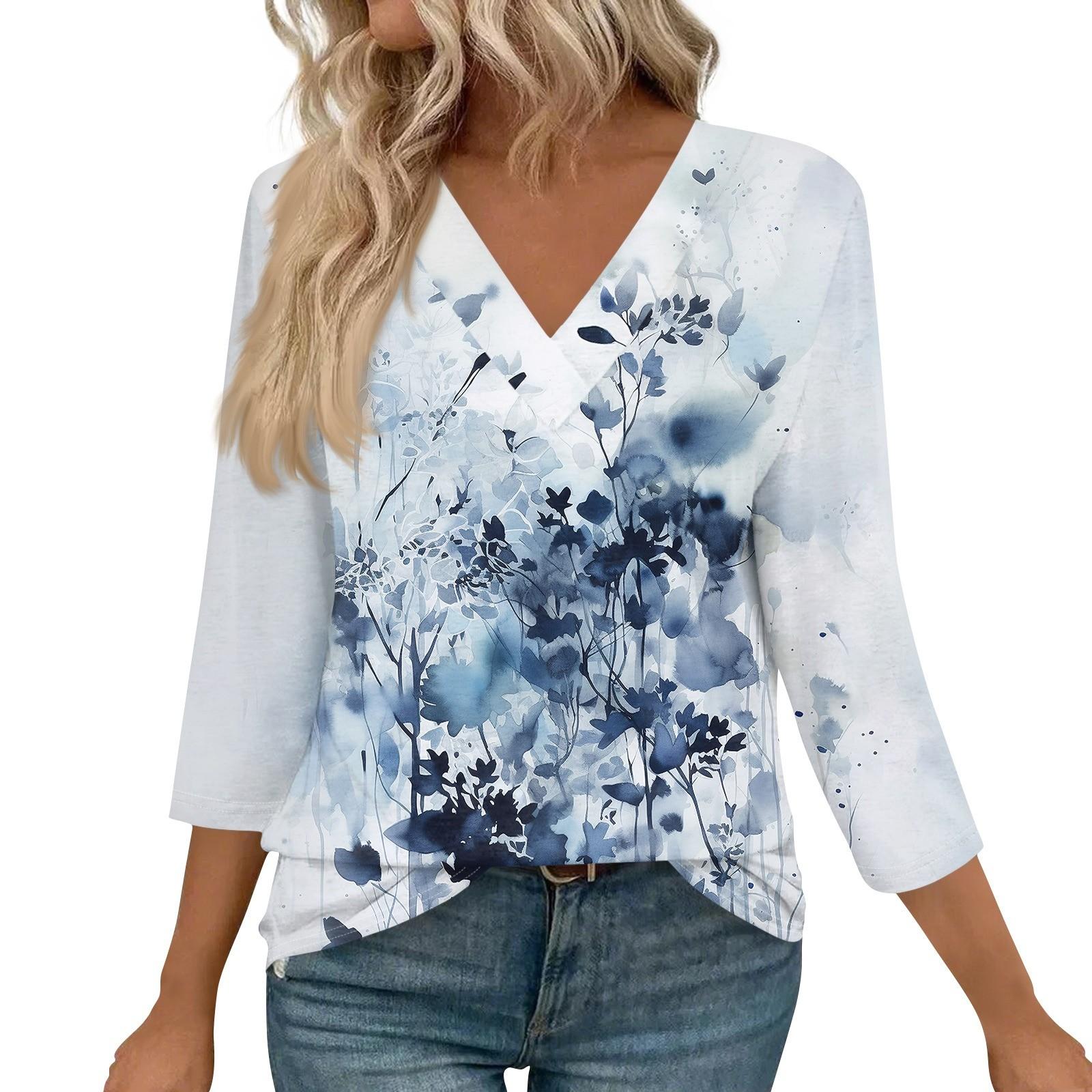 

Женские рубашки с рукавом 3/4, топы с принтом и V-образным вырезом, повседневные топы, базовые футболки, блузки, свободные топы XXXL темно-синий