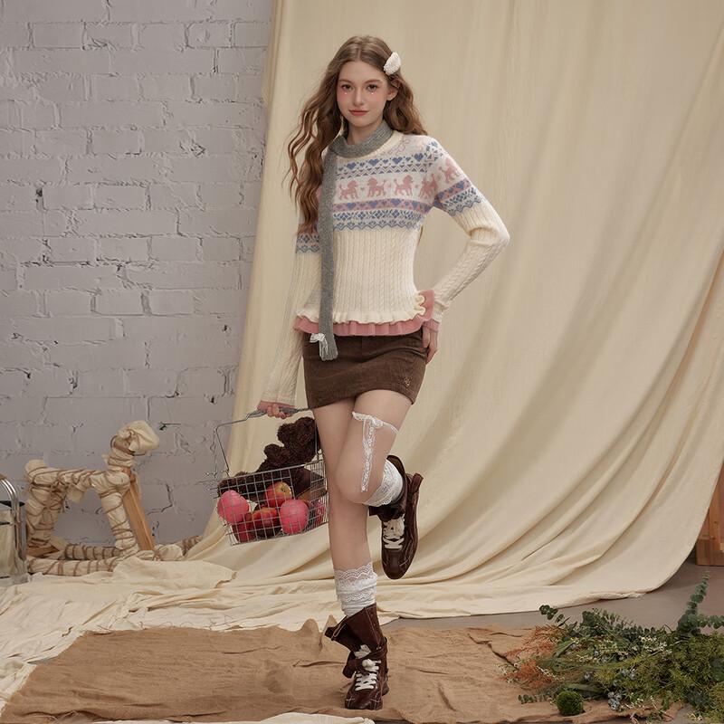 UNIFREE Fair Isle Ruffle Trim Long Sleeve Sweater