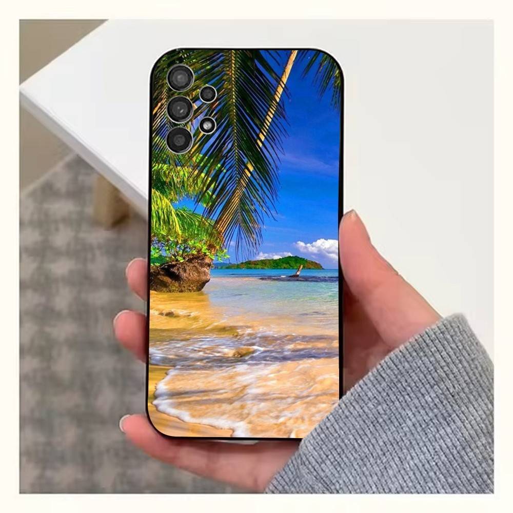 Sea Palm Trees Beach Phone Case For Samsung S9,S10,S20,S10,S21,S25,S24,S23,Ultra,FE,Plus,Lite,Soft Silicone Black Cover
