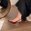 Fashion Ladies Shoes 2025 New Summer Pointed Toe Shallow Women's Sandals Classics Slip on Thin Heel Crystal Fashion Dress Heeled Sandals